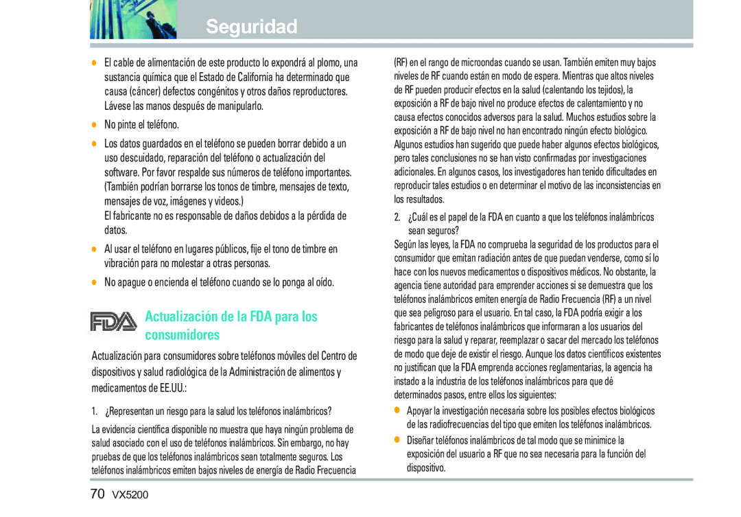 LG Electronics VX5200 manual Actualización de la FDA para los, Consumidores 