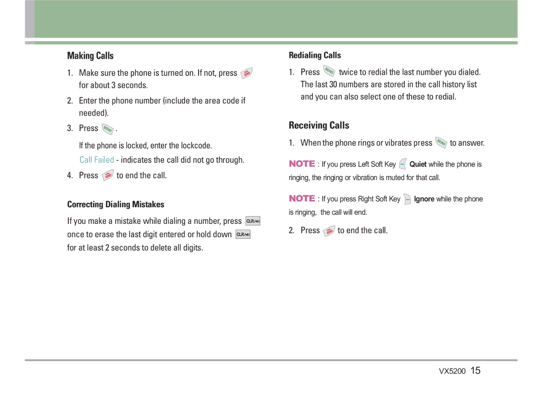 LG Electronics VX5200 manual Making Calls, Receiving Calls, Correcting Dialing Mistakes, Redialing Calls 