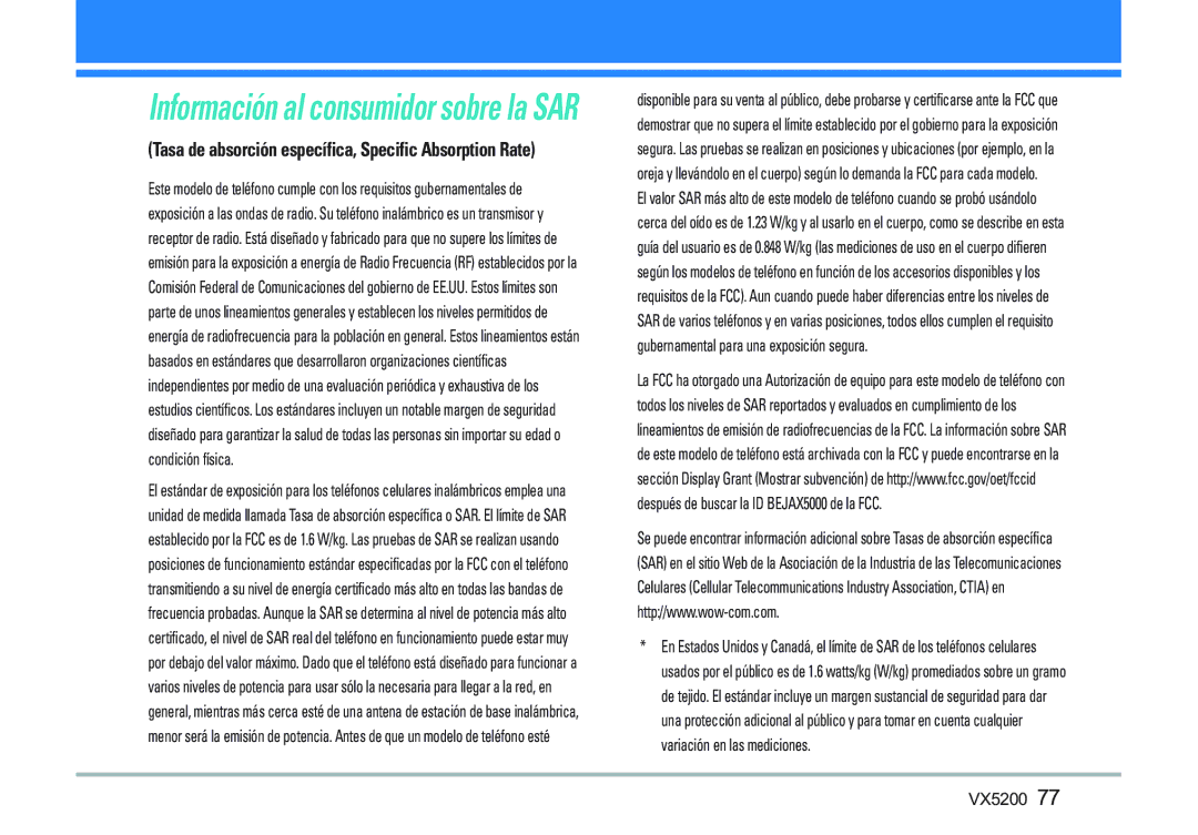 LG Electronics VX5200 manual Información al consumidor sobre la SAR 