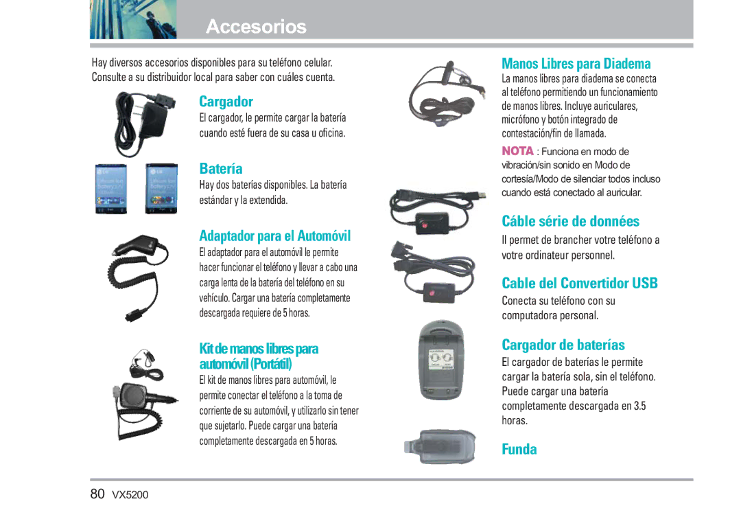 LG Electronics VX5200 manual Accesorios 