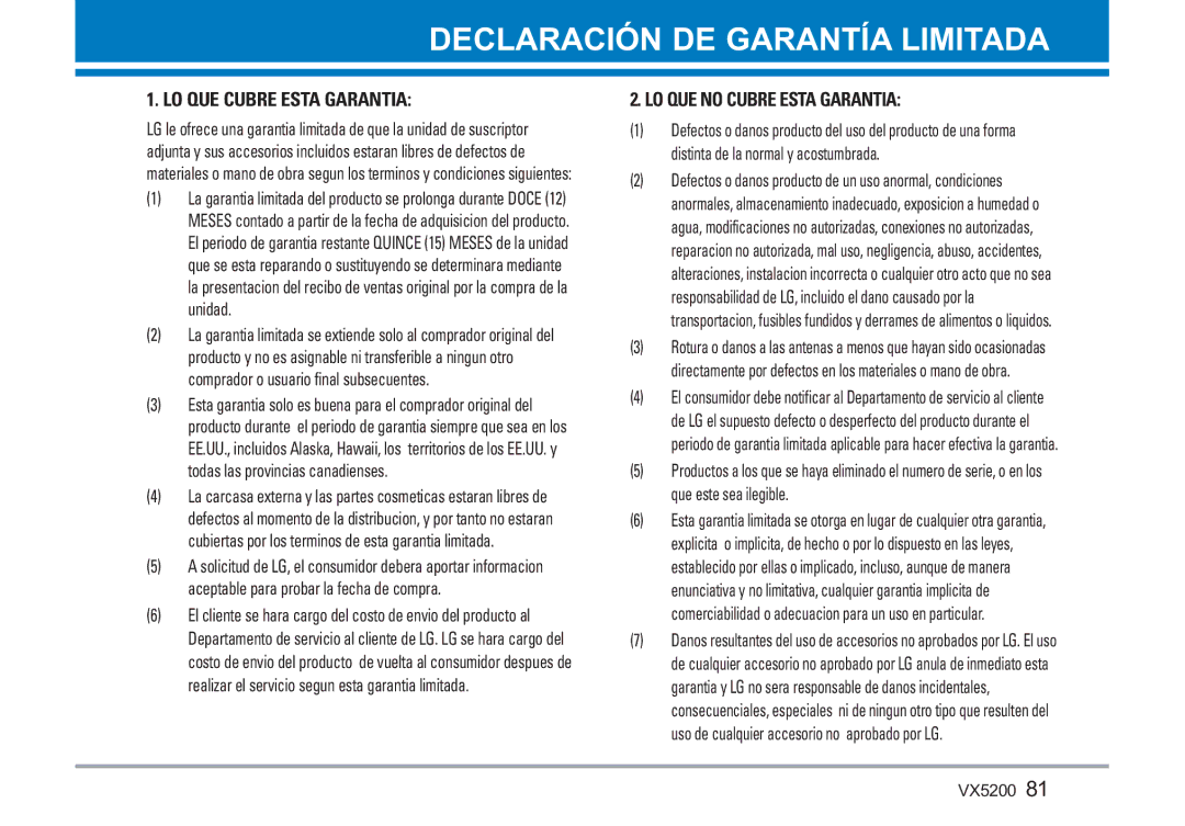 LG Electronics VX5200 manual Declaración DE Garantía Limitada 