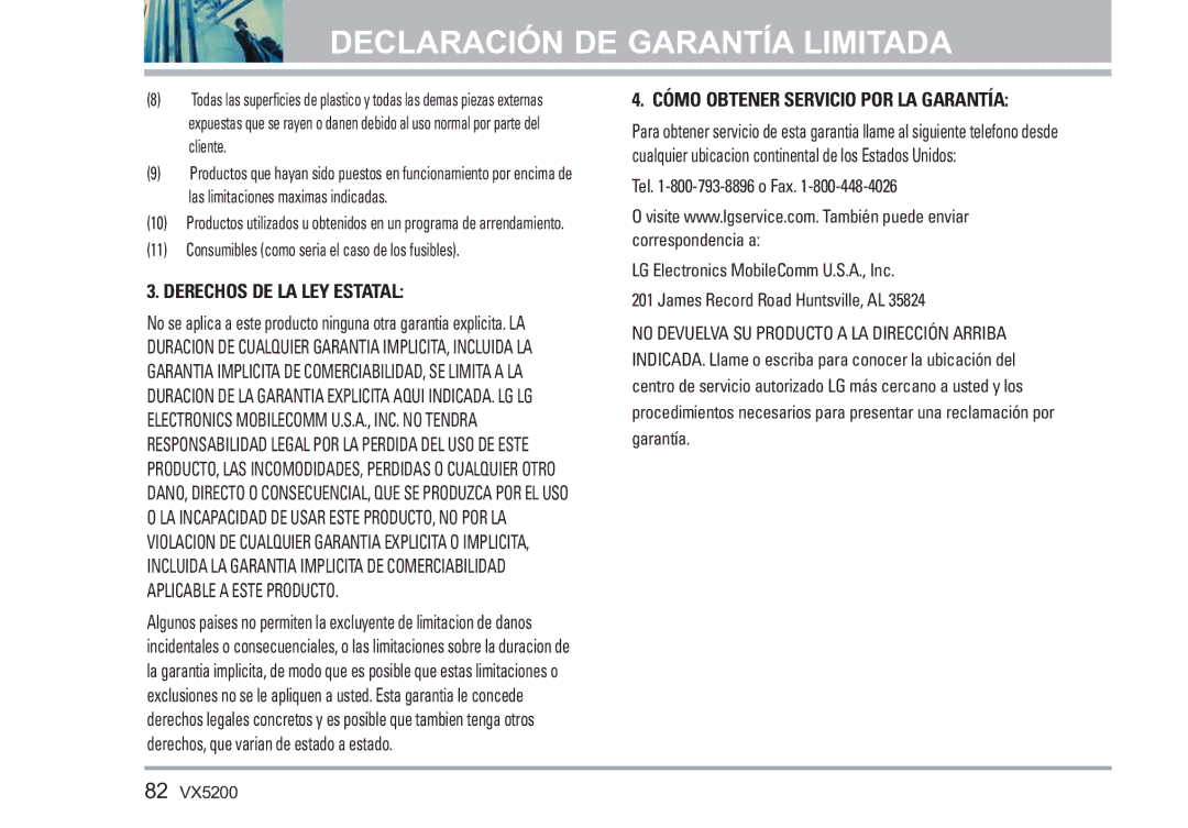 LG Electronics VX5200 manual Derechos DE LA LEY Estatal 