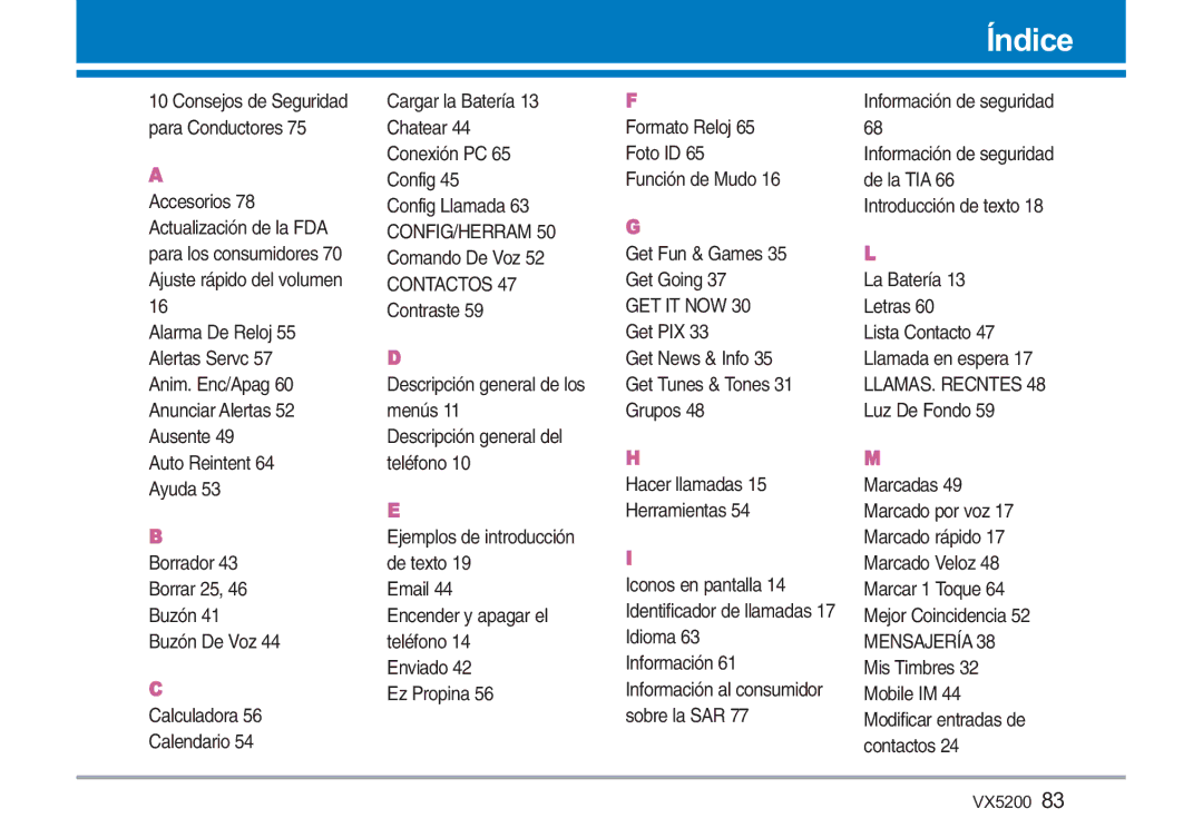 LG Electronics VX5200 manual Índice, Contactos 