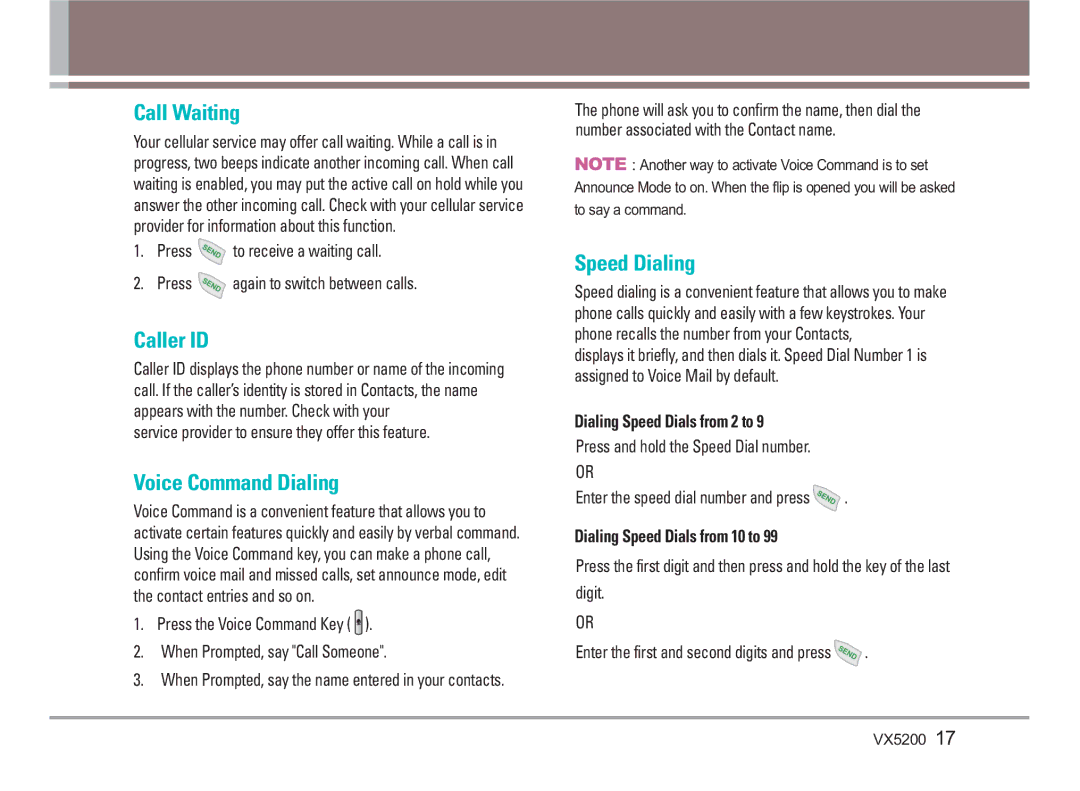 LG Electronics VX5200 manual Call Waiting, Caller ID, Voice Command Dialing, Speed Dialing 