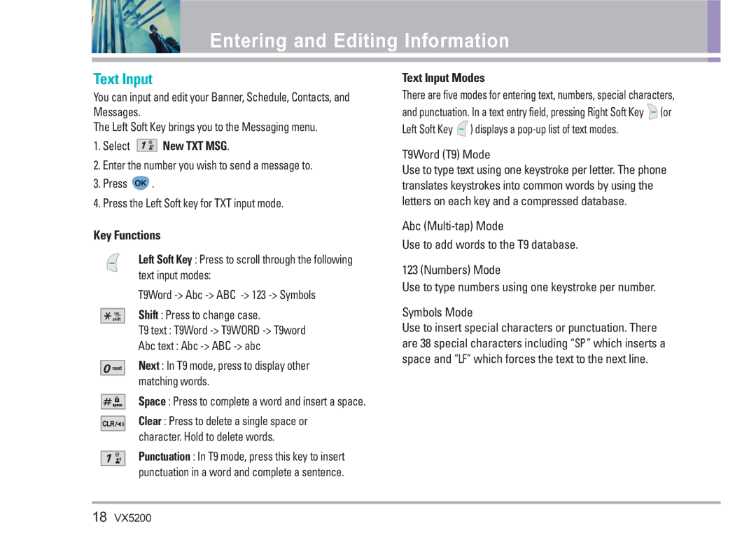 LG Electronics VX5200 manual Entering and Editing Information, Select New TXT MSG, Key Functions, Text Input Modes 