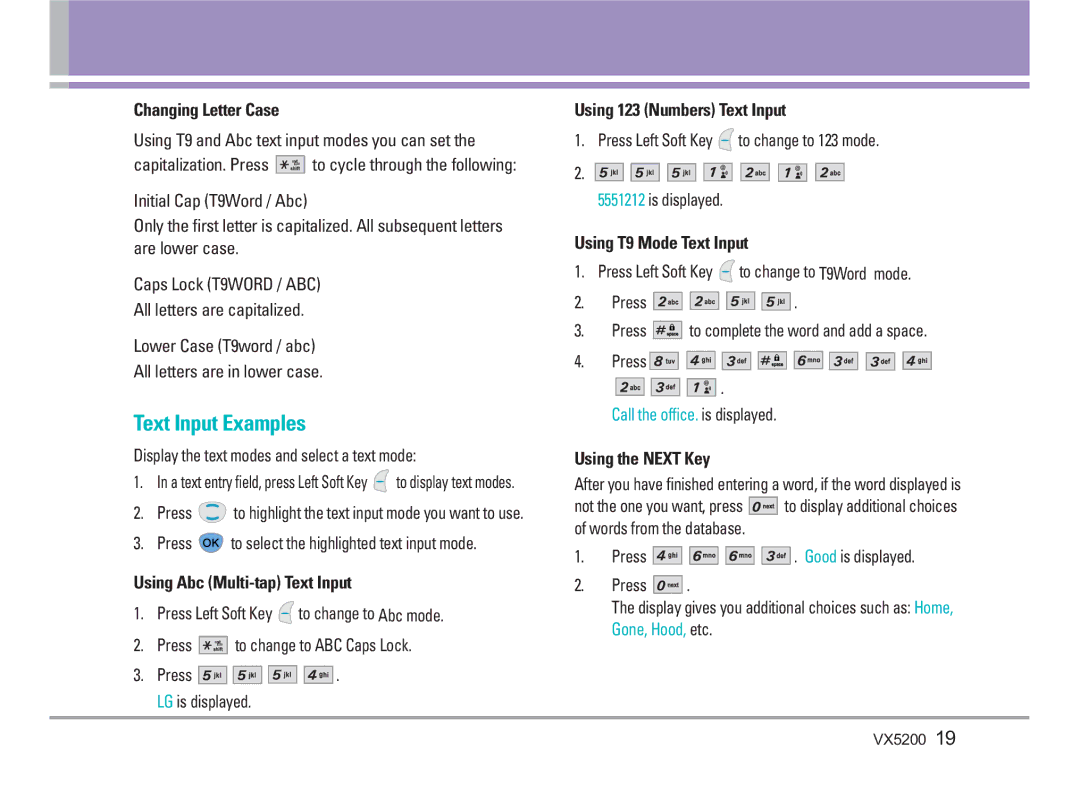 LG Electronics VX5200 manual Text Input Examples 