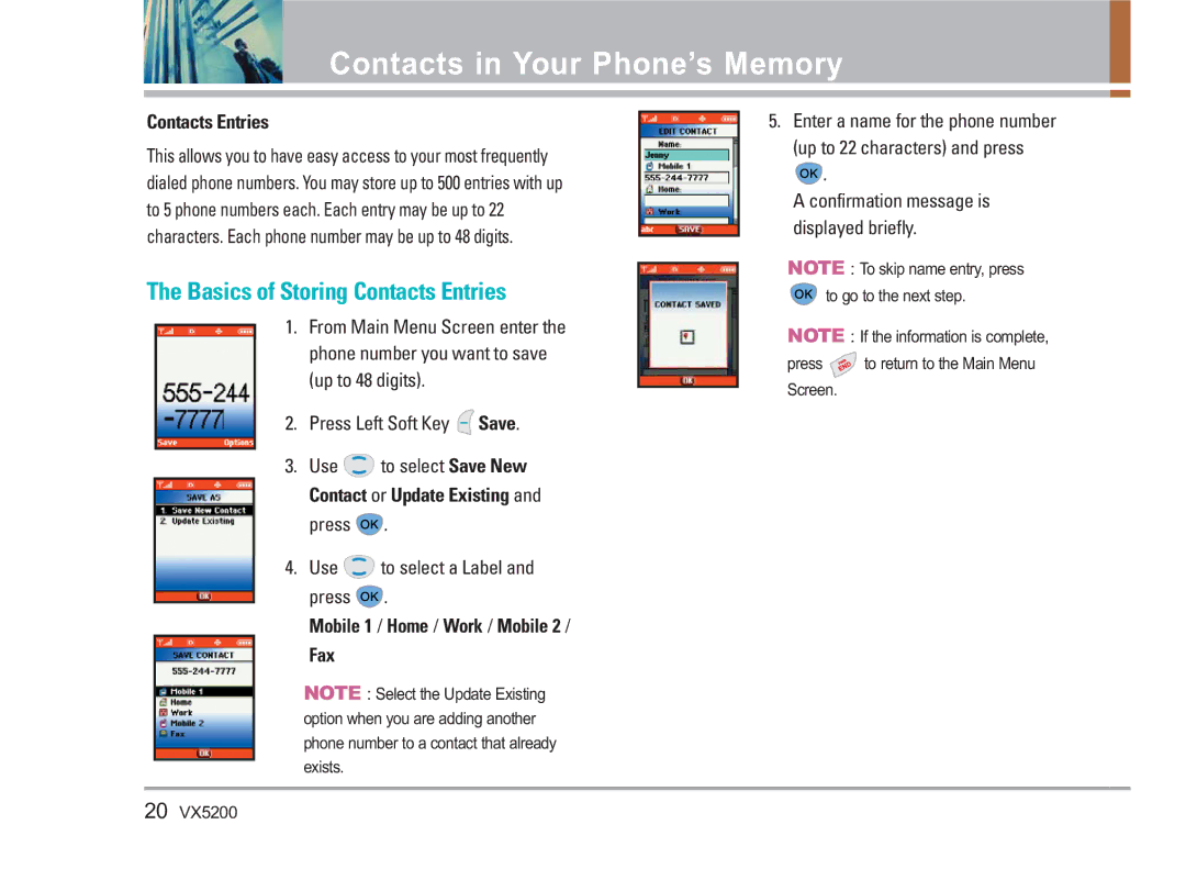 LG Electronics VX5200 Contacts in Your Phone’s Memory, Basics of Storing Contacts Entries, Press Use to select a Label 