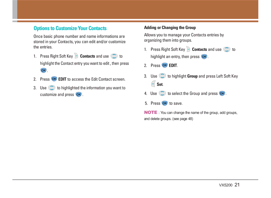 LG Electronics VX5200 manual Options to Customize Your Contacts, Adding or Changing the Group, Set 