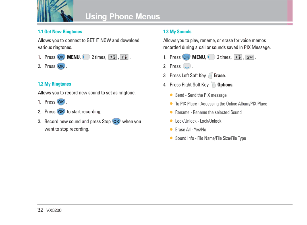 LG Electronics VX5200 manual Get New Ringtones, My Ringtones, My Sounds 