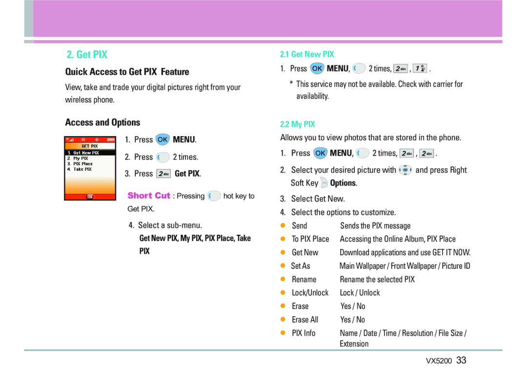 LG Electronics VX5200 manual Quick Access to Get PIX Feature, Press Get PIX, Get New PIX, My PIX 