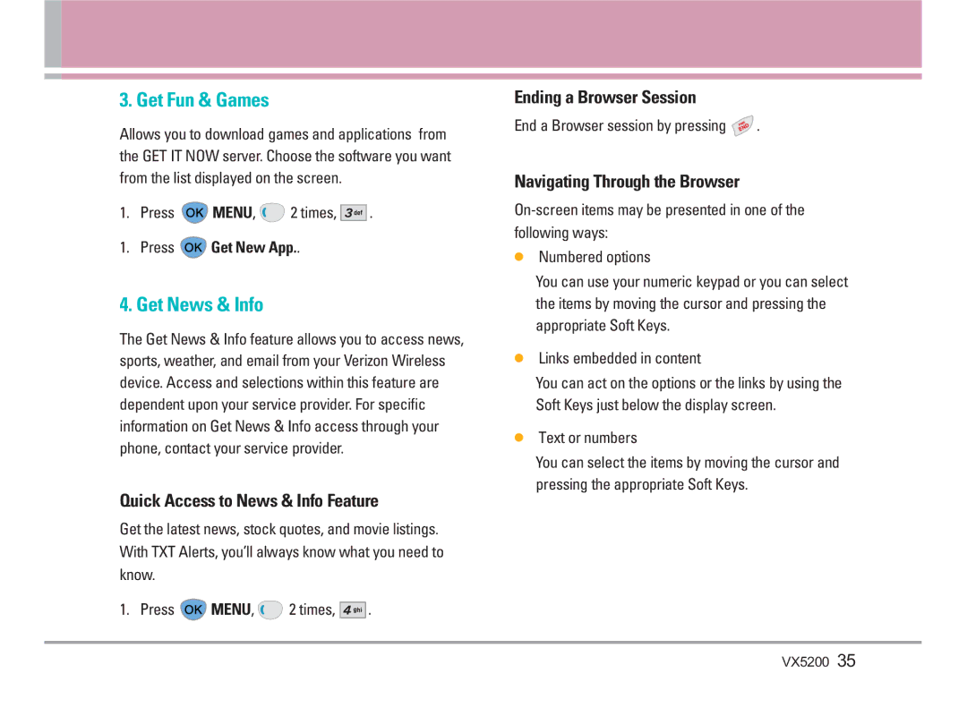 LG Electronics VX5200 Get Fun & Games, Get News & Info, Quick Access to News & Info Feature, Ending a Browser Session 