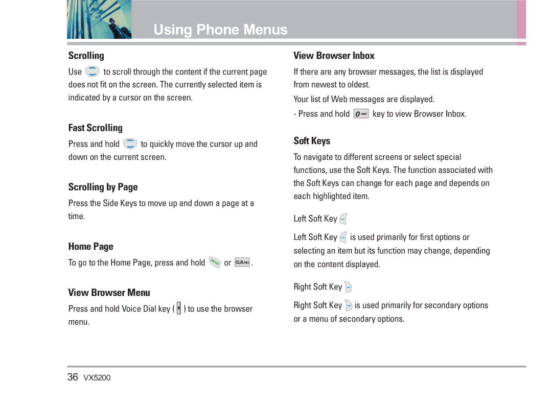 LG Electronics VX5200 manual Fast Scrolling, Scrolling by, Home, View Browser Menu, View Browser Inbox, Soft Keys 