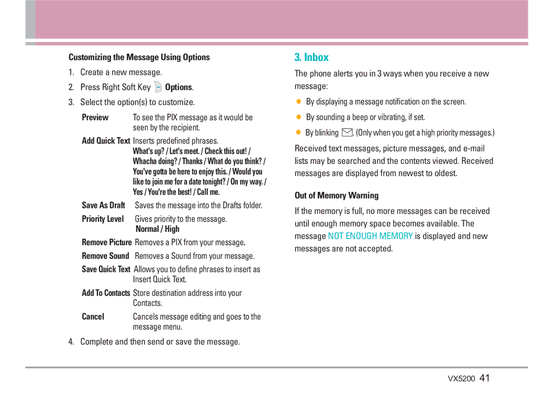 LG Electronics VX5200 Inbox, Priority Level Gives priority to the message, Cancel, Message menu, Out of Memory Warning 