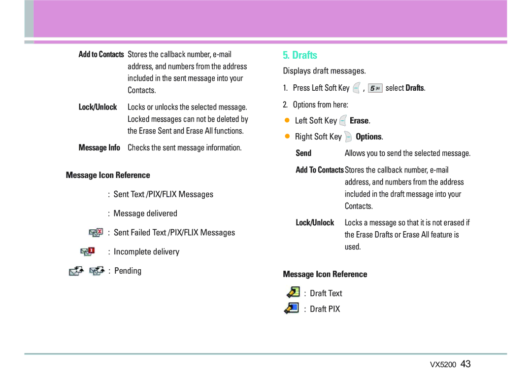 LG Electronics VX5200 manual Drafts, Send, Used, Draft Text Draft PIX 