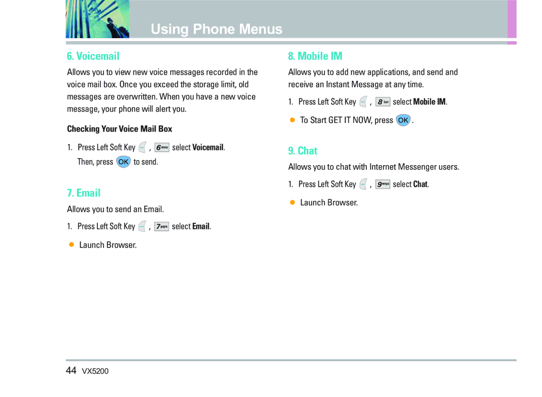 LG Electronics VX5200 manual Voicemail, Mobile IM, Chat, Checking Your Voice Mail Box 