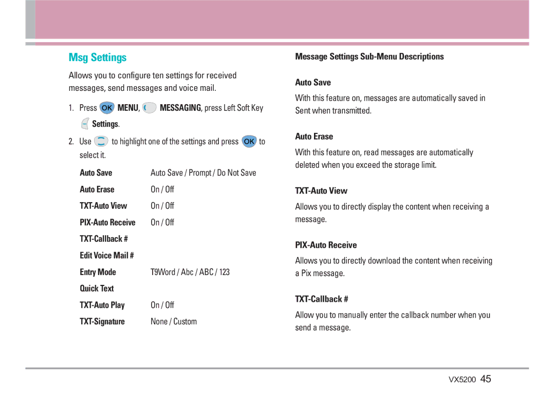 LG Electronics VX5200 manual Msg Settings 