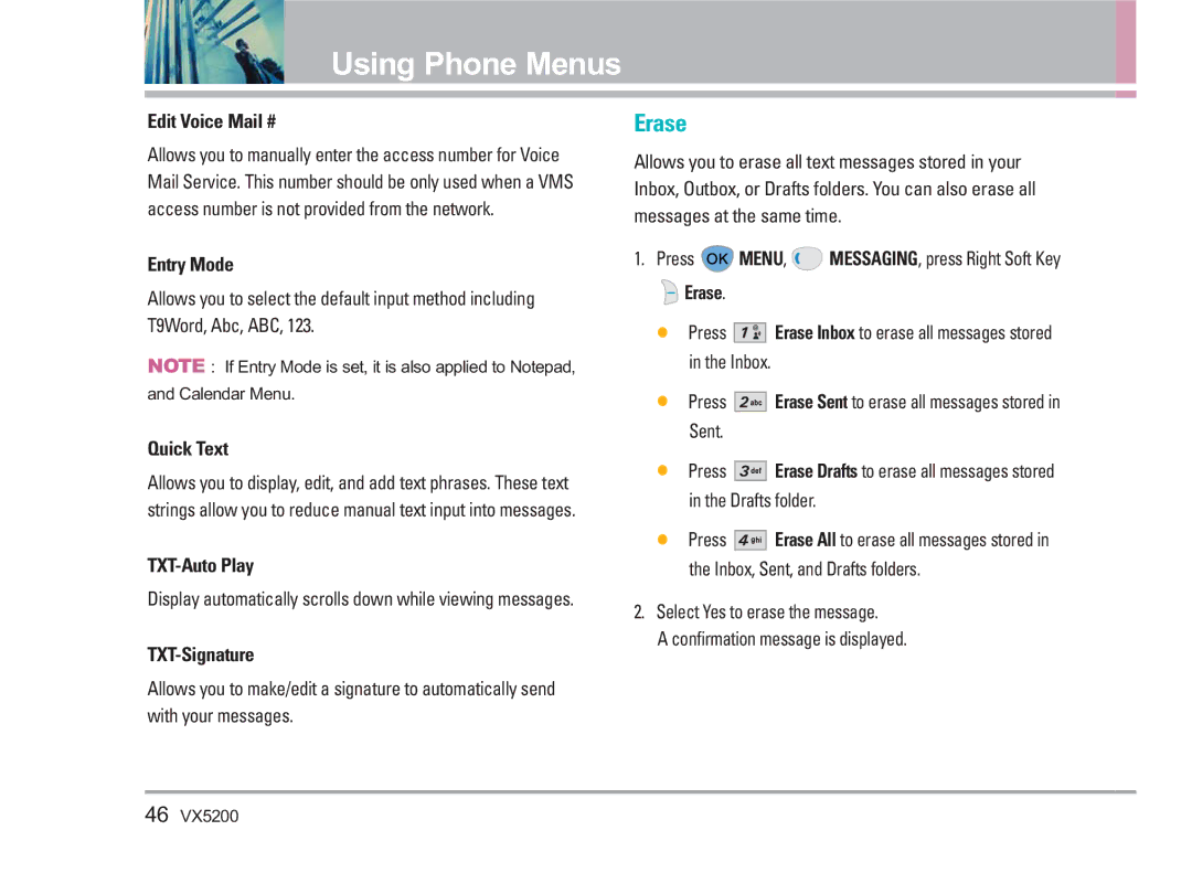 LG Electronics VX5200 manual Erase, Edit Voice Mail #, Quick Text 