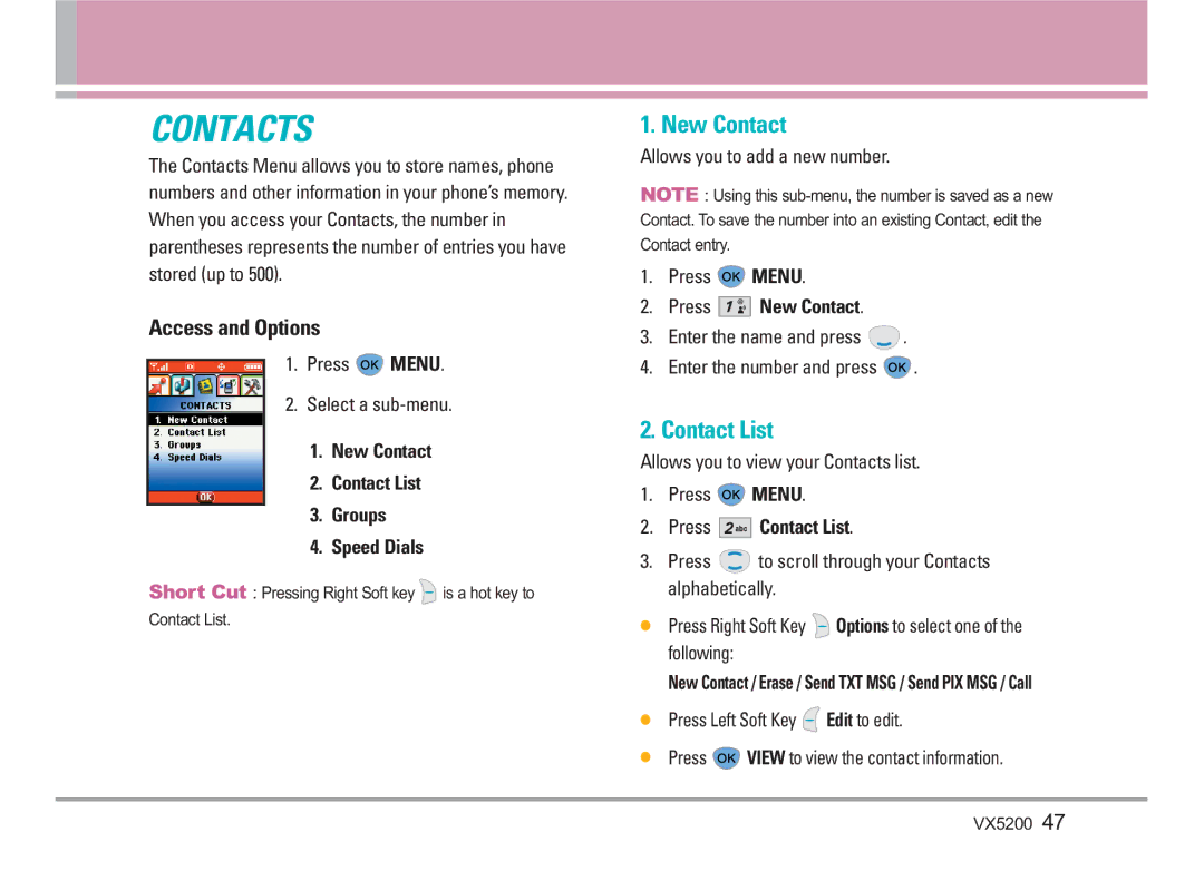 LG Electronics VX5200 manual New Contact Contact List Groups Speed Dials, Press New Contact, Press Contact List 