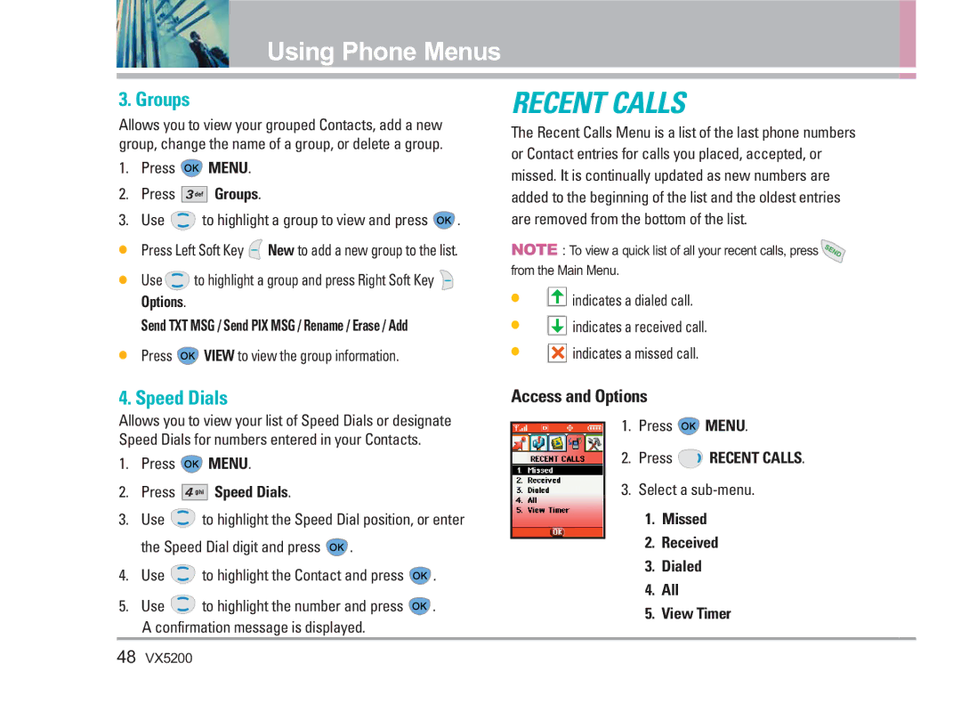 LG Electronics VX5200 manual Groups, Speed Dials, Press Recent Calls, Missed Received Dialed All View Timer 