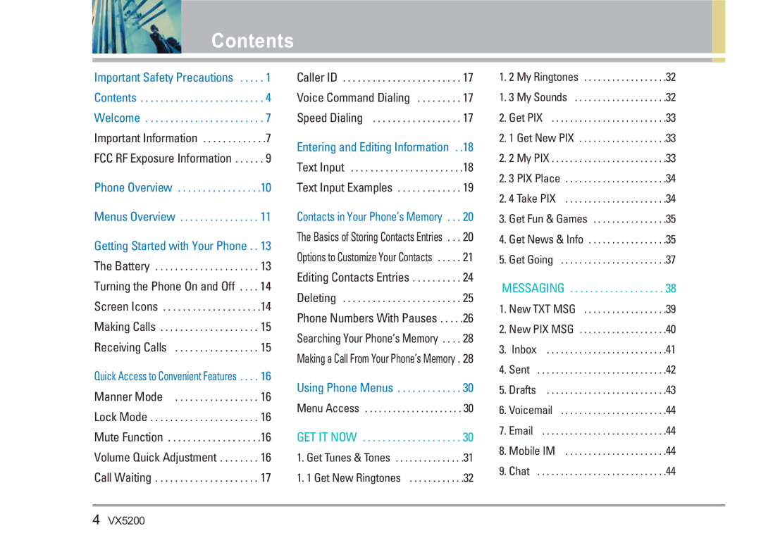 LG Electronics VX5200 manual Contents 