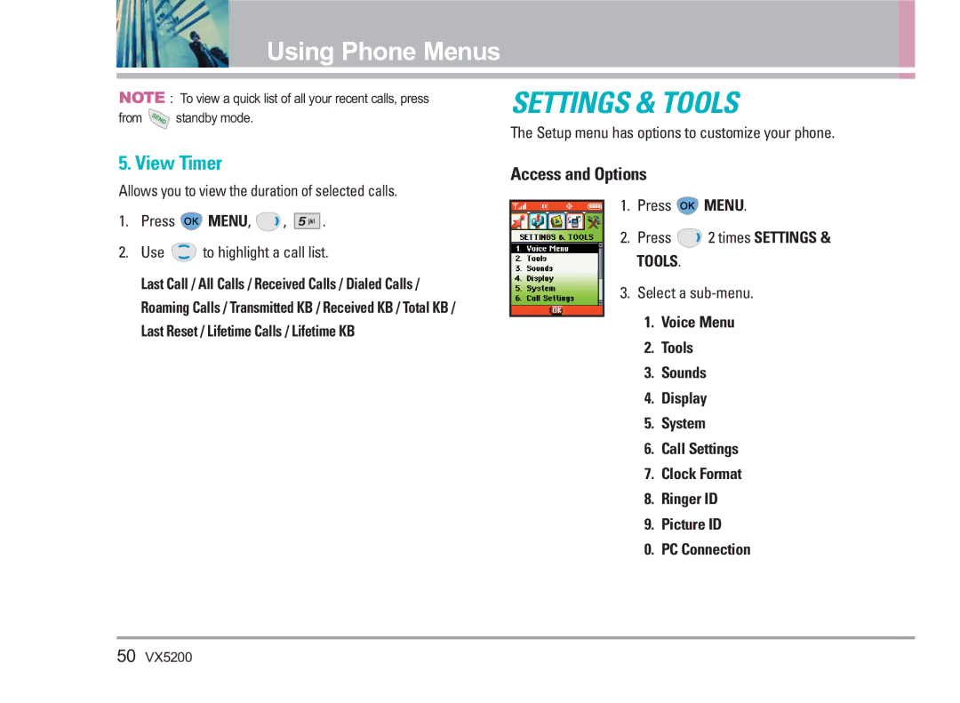 LG Electronics VX5200 manual View Timer, Setup menu has options to customize your phone, Press Menu Press 2 times Settings 