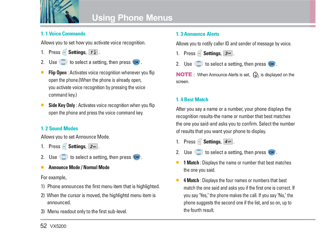 LG Electronics VX5200 manual Voice Commands, Sound Modes, Announce Mode / Normal Mode, Announce Alerts, Best Match 