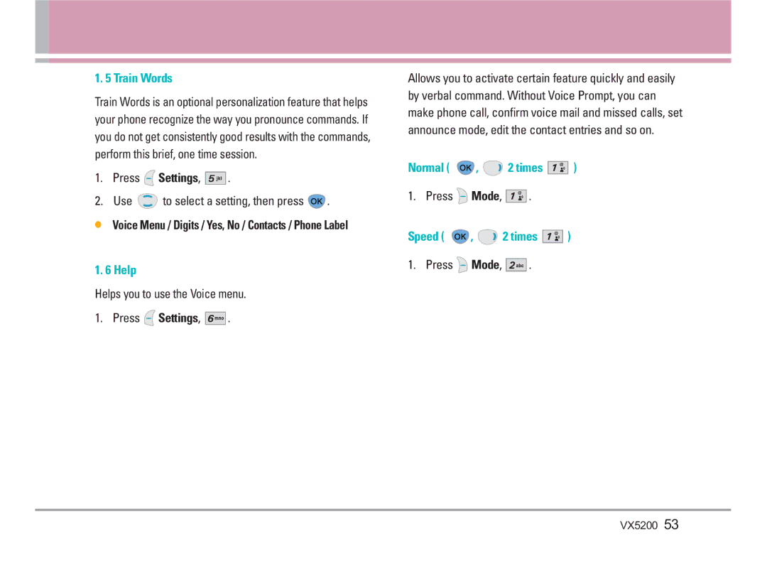 LG Electronics VX5200 manual Train Words, Help, Normal , 2 times, Speed , 2 times 