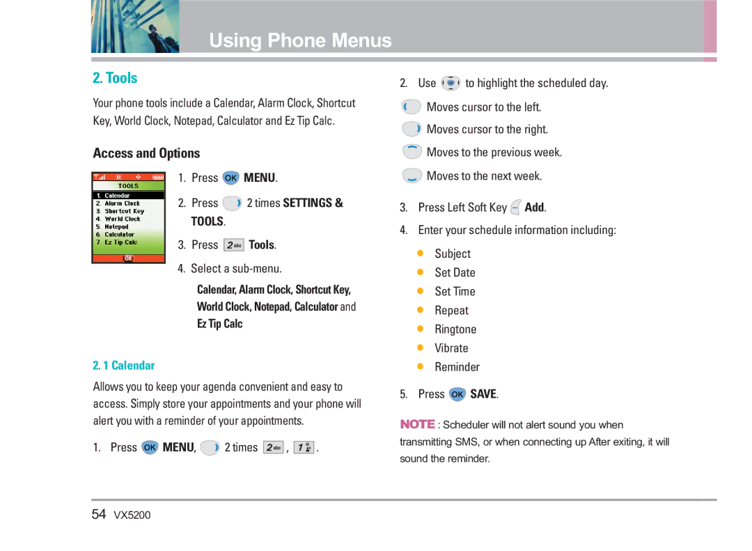 LG Electronics VX5200 manual Press Tools Select a sub-menu, Ez Tip Calc, Calendar 