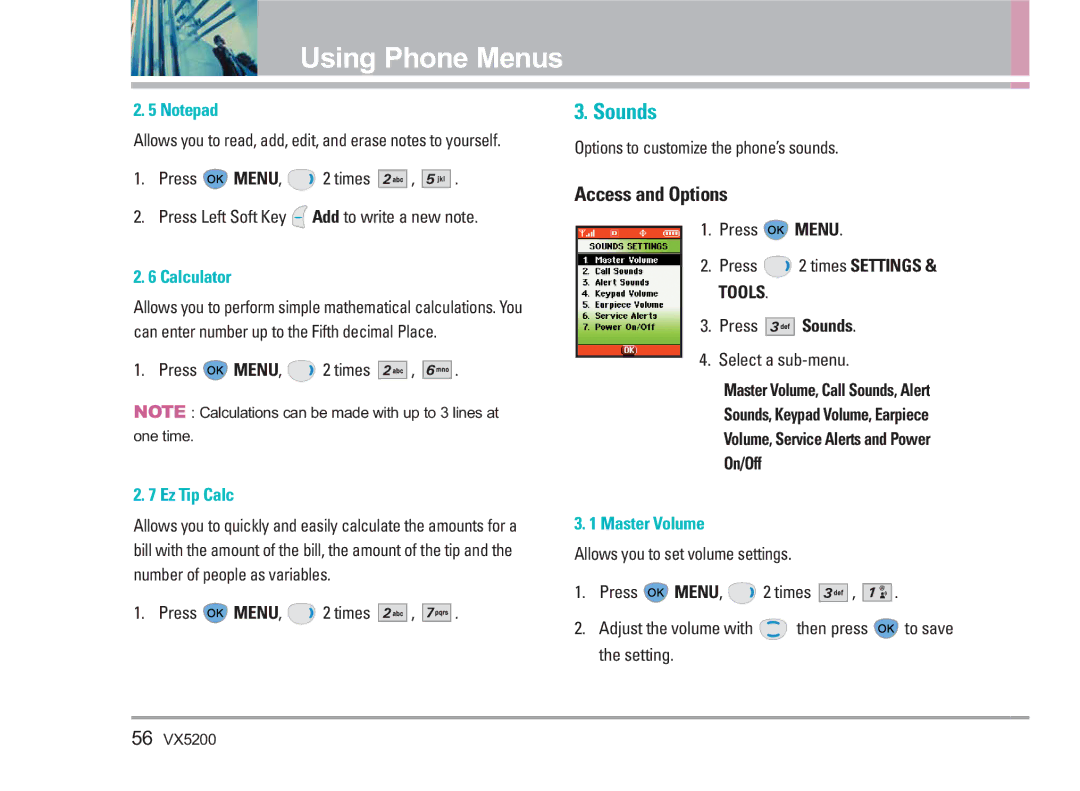 LG Electronics VX5200 manual Sounds, Calculator, Ez Tip Calc, Master Volume 