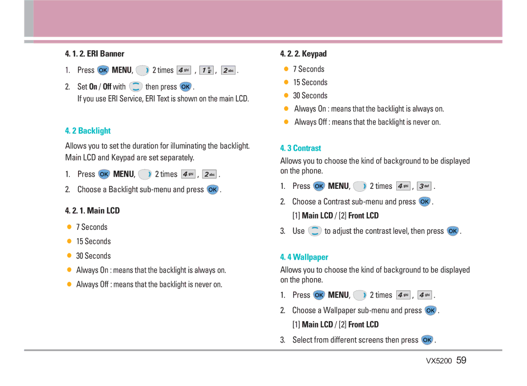 LG Electronics VX5200 manual ERI Banner, Keypad, Main LCD / 2 Front LCD 