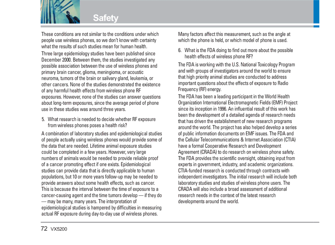 LG Electronics VX5200 manual Safety 