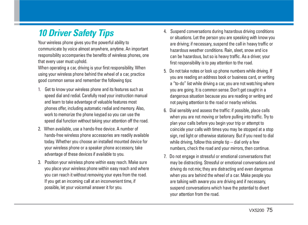 LG Electronics VX5200 manual Driver Safety Tips 