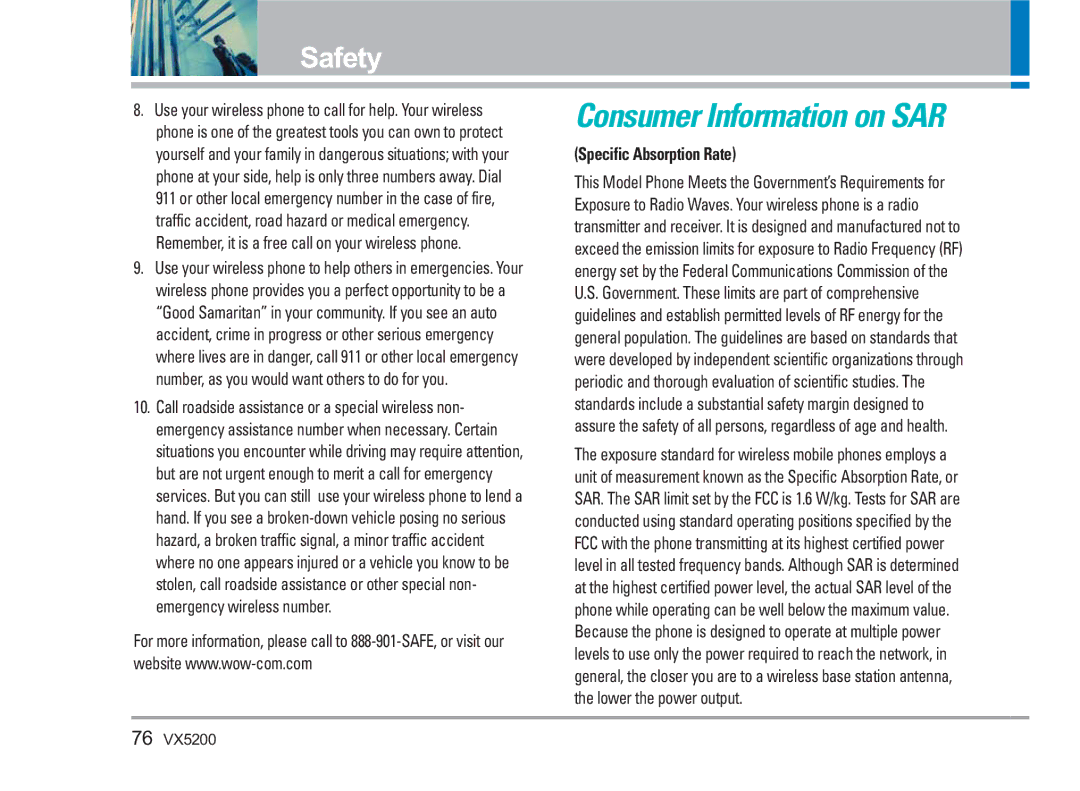 LG Electronics VX5200 manual Consumer Information on SAR, Specific Absorption Rate 