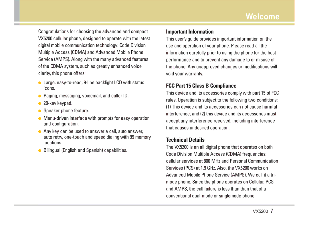 LG Electronics VX5200 manual Welcome, Important Information, FCC Part 15 Class B Compliance, Technical Details 