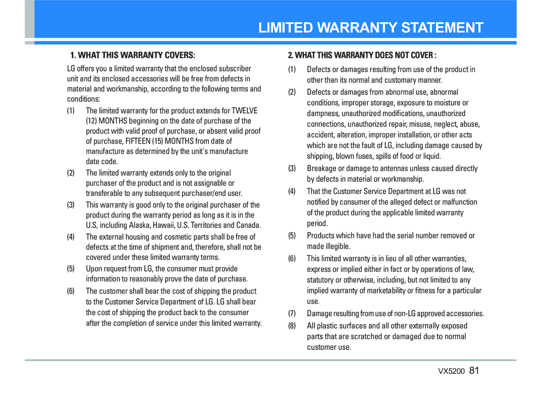 LG Electronics VX5200 manual Limited Warranty Statement 