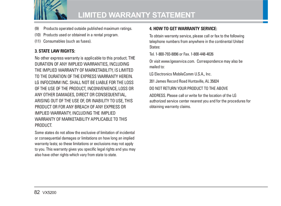 LG Electronics VX5200 manual State LAW Rights 