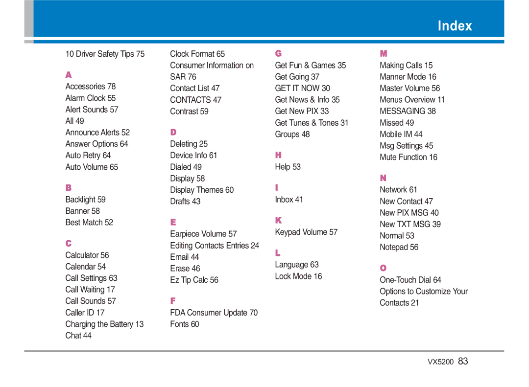 LG Electronics VX5200 manual Index, Contacts 