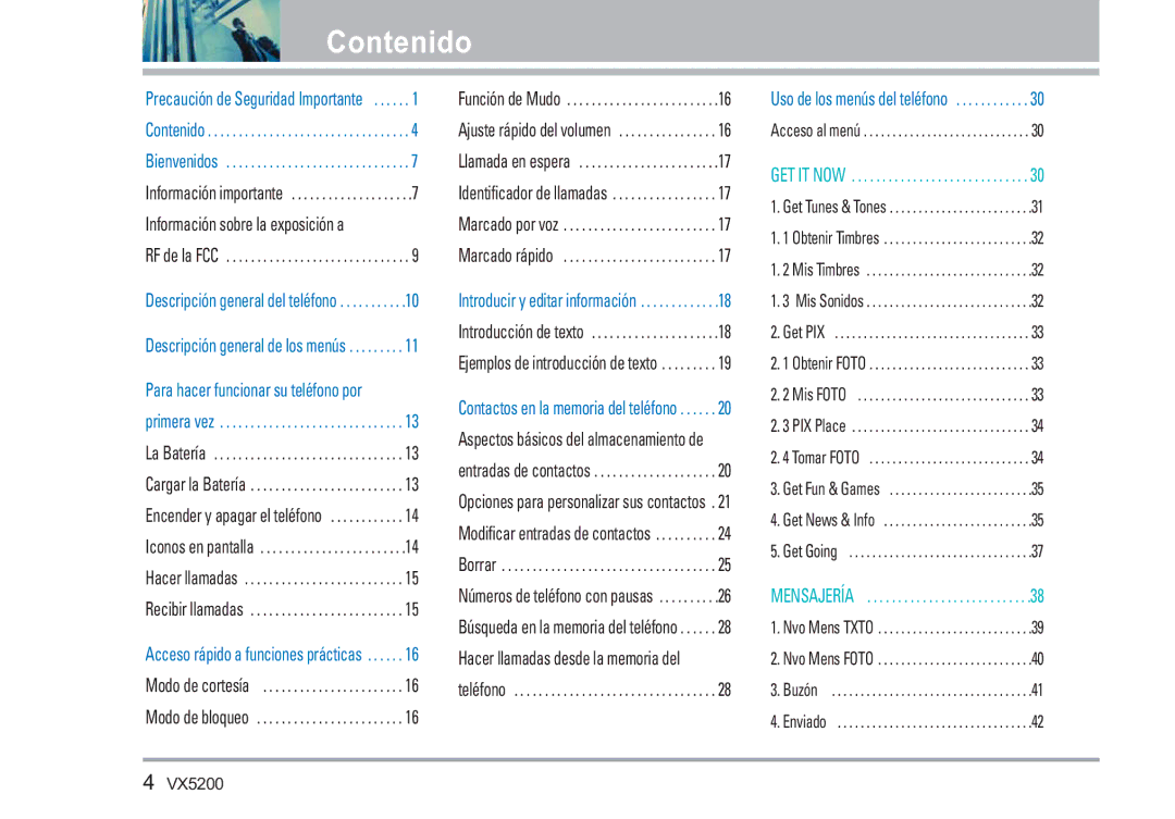 LG Electronics VX5200 manual Contenido, Para hacer funcionar su teléfono por 