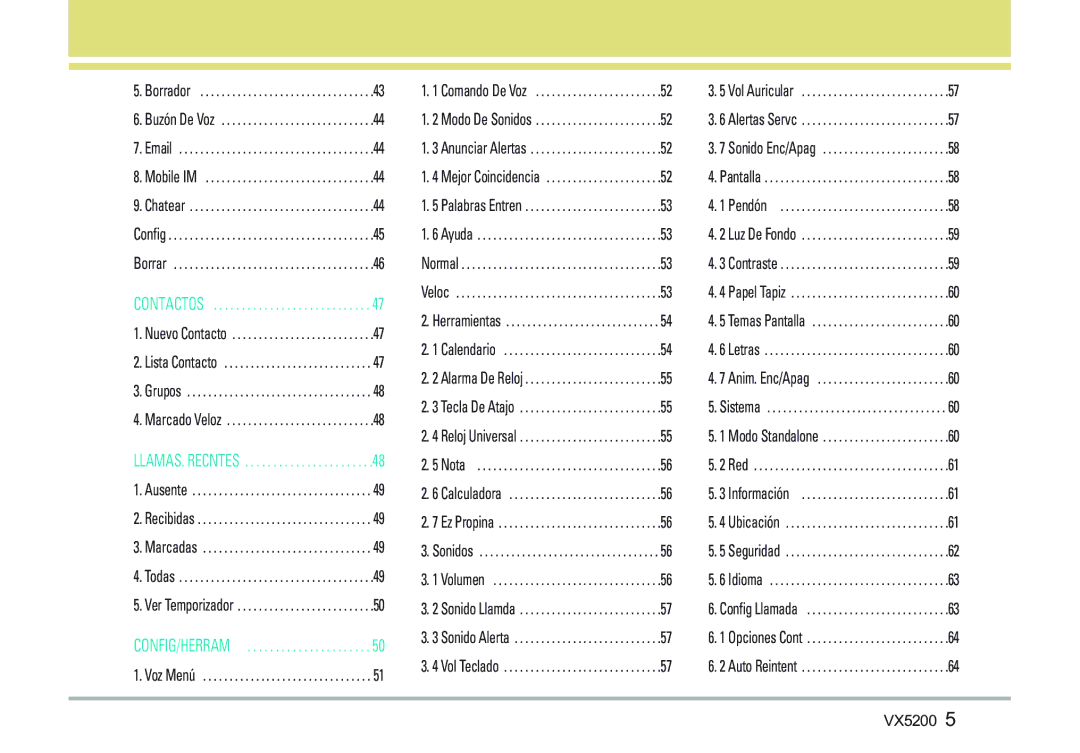 LG Electronics VX5200 manual Contactos 