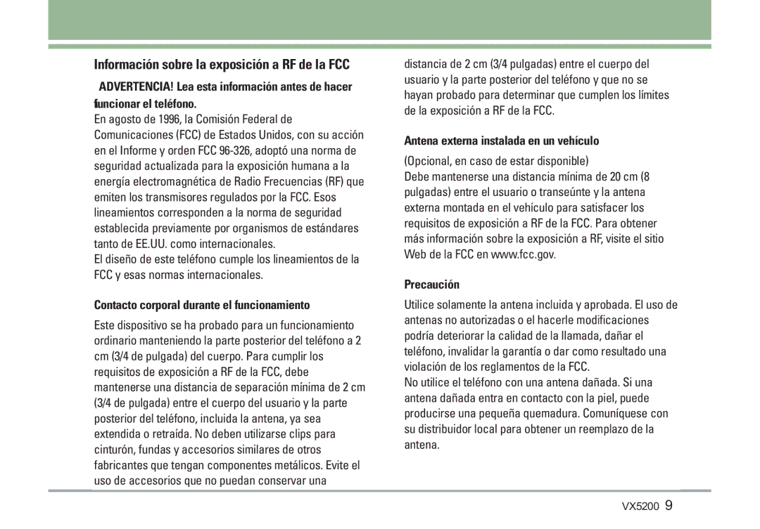 LG Electronics VX5200 Información sobre la exposición a RF de la FCC, El teléfono, Antena externa instalada en un vehículo 