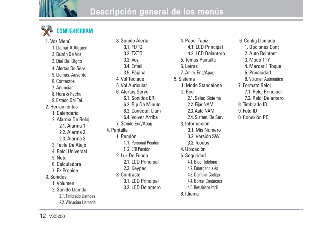 LG Electronics VX5200 manual Sonido Alerta Papel Tapiz Config Llamada Foto LCD Principal, Sonidos ERI Selec Sistema 