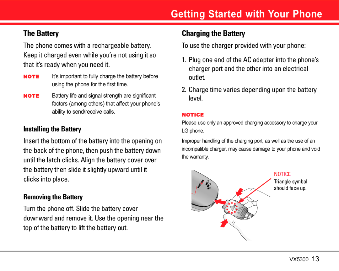 LG Electronics VX5300 manual Getting Started with Your Phone, Installing the Battery, Removing the Battery 