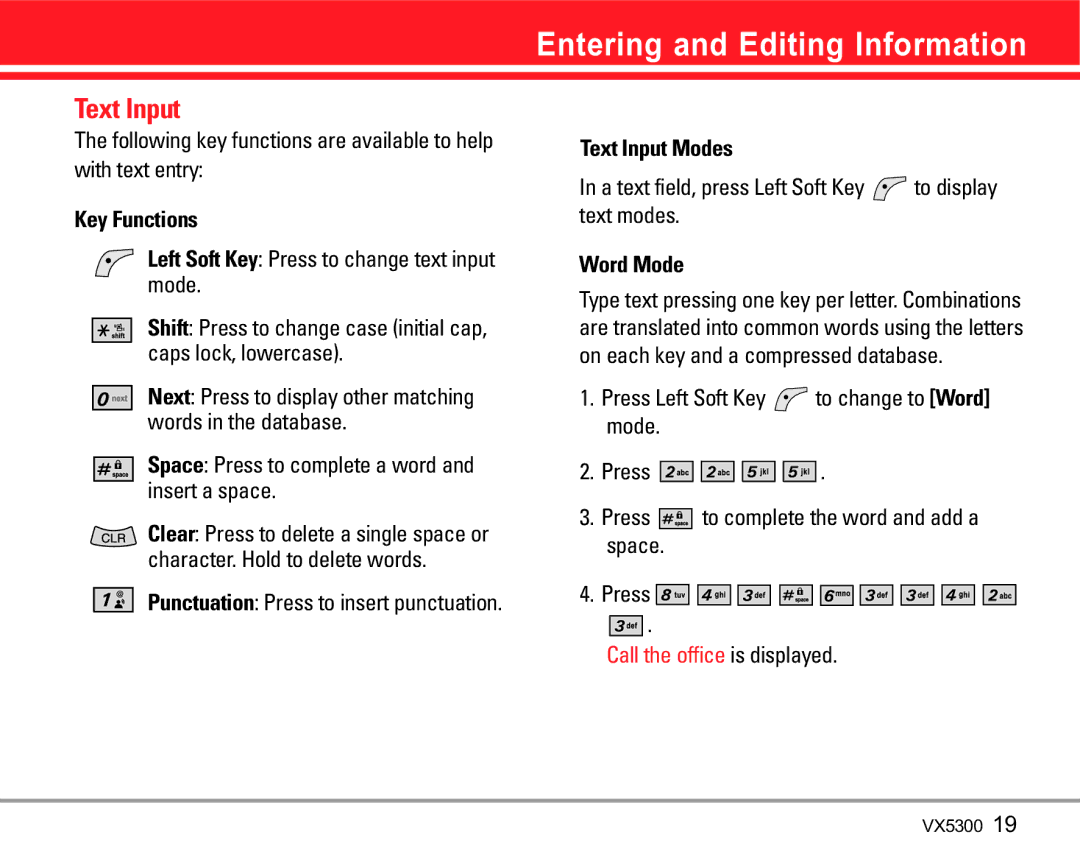 LG Electronics VX5300 manual Entering and Editing Information, Key Functions, Text Input Modes, Word Mode 