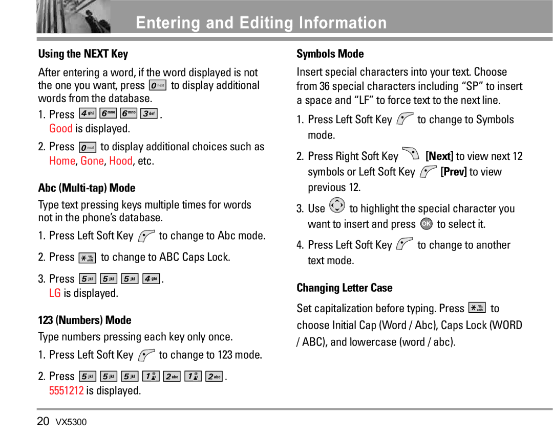 LG Electronics VX5300 manual Using the Next Key, Abc Multi-tap Mode, Numbers Mode, Symbols Mode, Changing Letter Case 