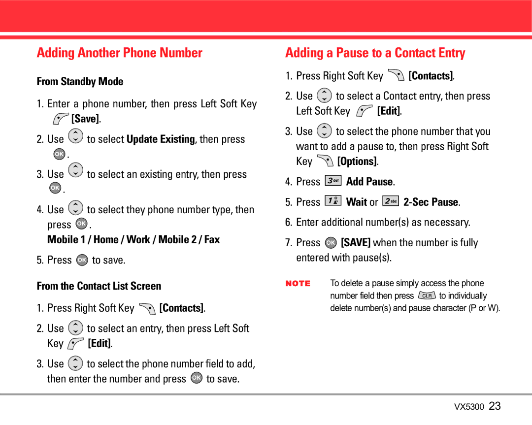 LG Electronics VX5300 manual Adding Another Phone Number, Adding a Pause to a Contact Entry 