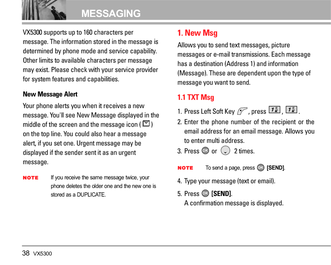 LG Electronics VX5300 manual New Msg, TXT Msg, New Message Alert, Press Left Soft Key , press 