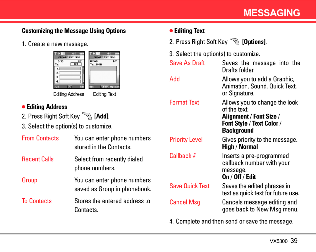 LG Electronics VX5300 manual Customizing the Message Using Options, Editing Address, Editing Text, Alignment / Font Size 