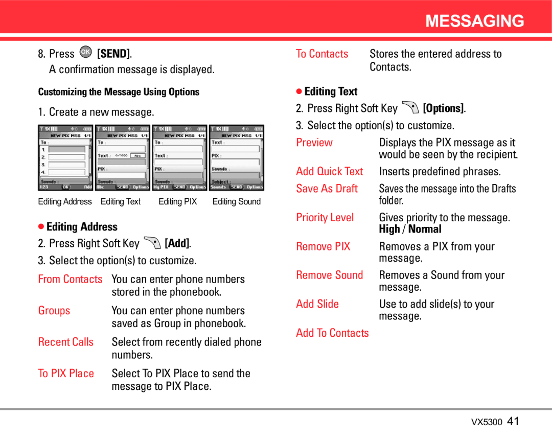 LG Electronics VX5300 Press Send Confirmation message is displayed, Stored in the phonebook, Numbers, Message to PIX Place 