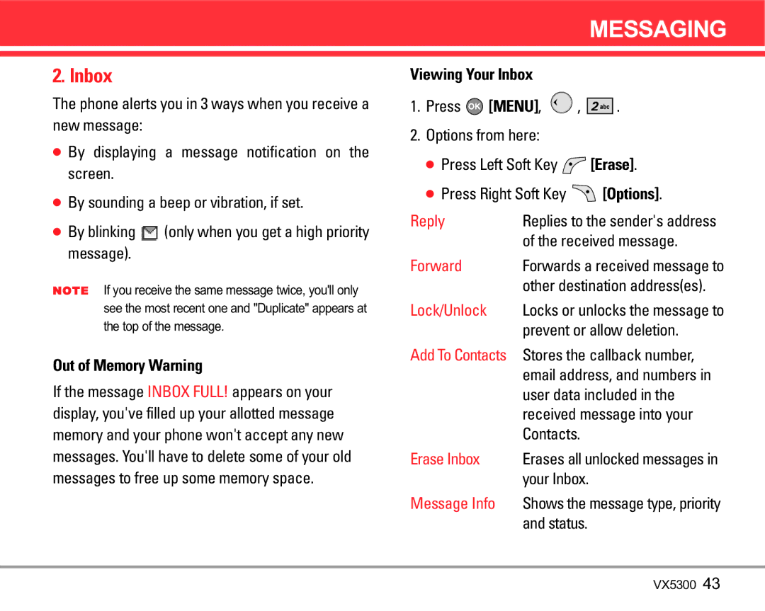 LG Electronics VX5300 manual Out of Memory Warning, Viewing Your Inbox 