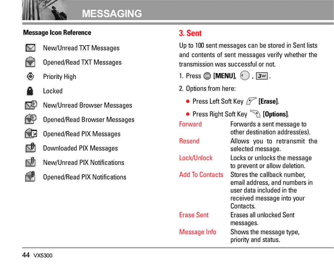 LG Electronics VX5300 manual Sent, Message Icon Reference 